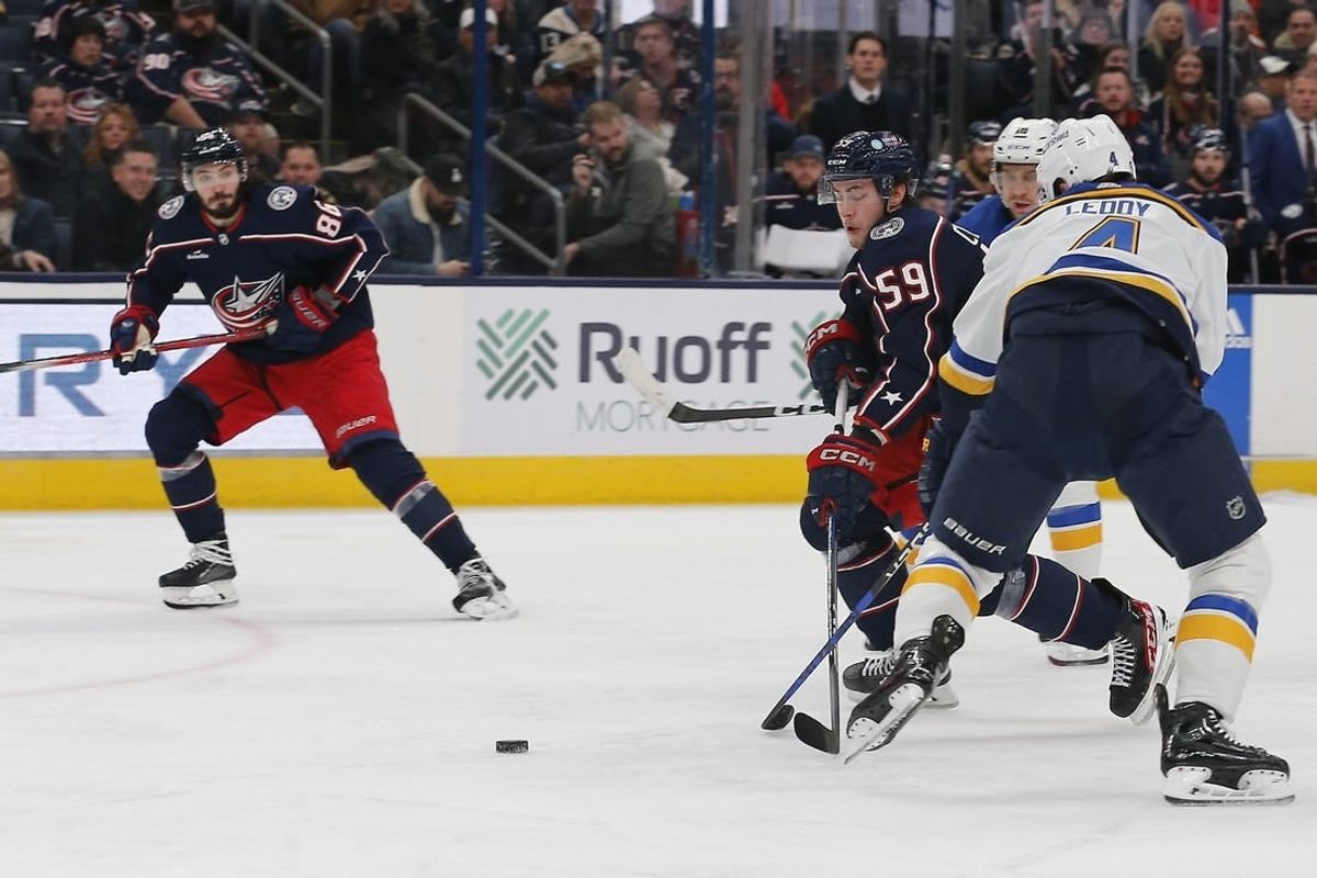 Dec 8, 2023; Columbus, Ohio, USA; Columbus Blue Jackets right wing Yegor Chinakhov (59) chips the puck past St. Louis Blues defenseman Nick Leddy (4) during the second period at Nationwide Arena.