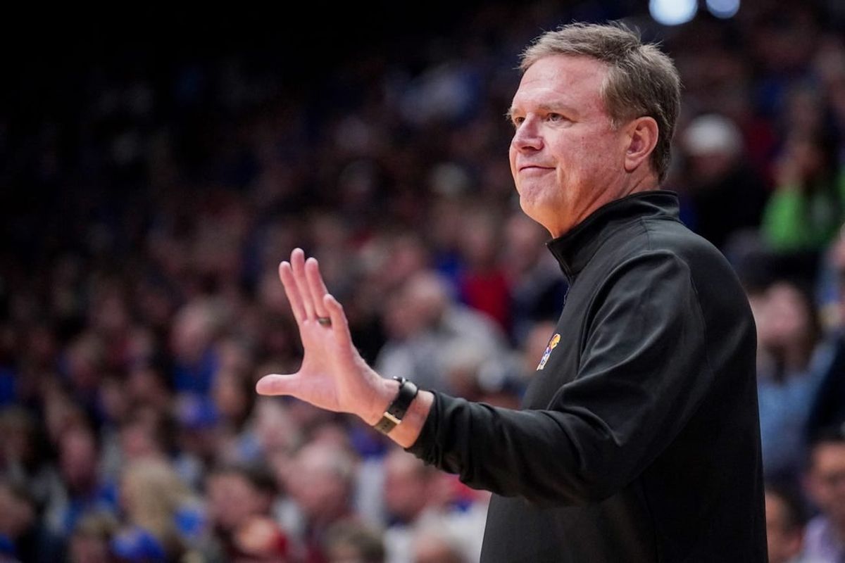 Dec 5, 2023; Lawrence, Kansas, USA; Kansas Jayhawks head coach Bill Self gestures to players against the UMKC Kangaroos during the second half at Allen Fieldhouse.