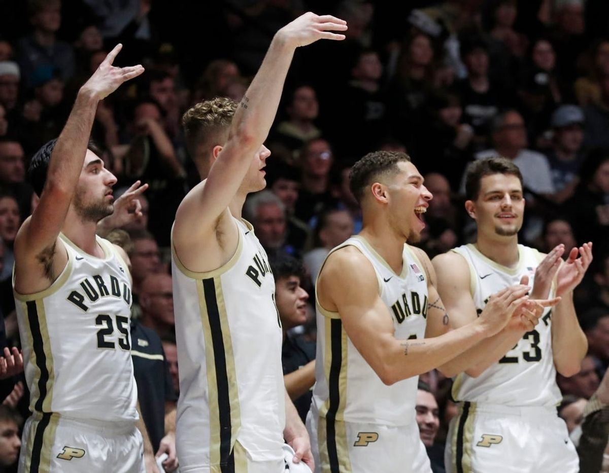 The Purdue Boilermakers bench reacts to a play during the NCAA men   s basketball game against the Jacksonville Dolphins, Thursday, Dec. 21, 2023, at Mackey Arena in West Lafayette, Ind. Purdue Boilermakers won 100-57.