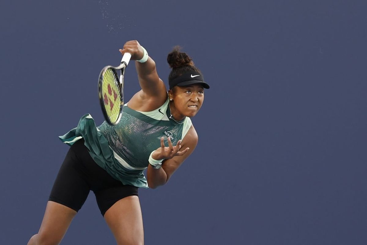 Mar 23, 2024; Miami Gardens, FL, USA; Naomi Osaka (JPN) serves against Elina Svitolina (UKR) (not pictured) on day six of the Miami Open at Hard Rock Stadium.