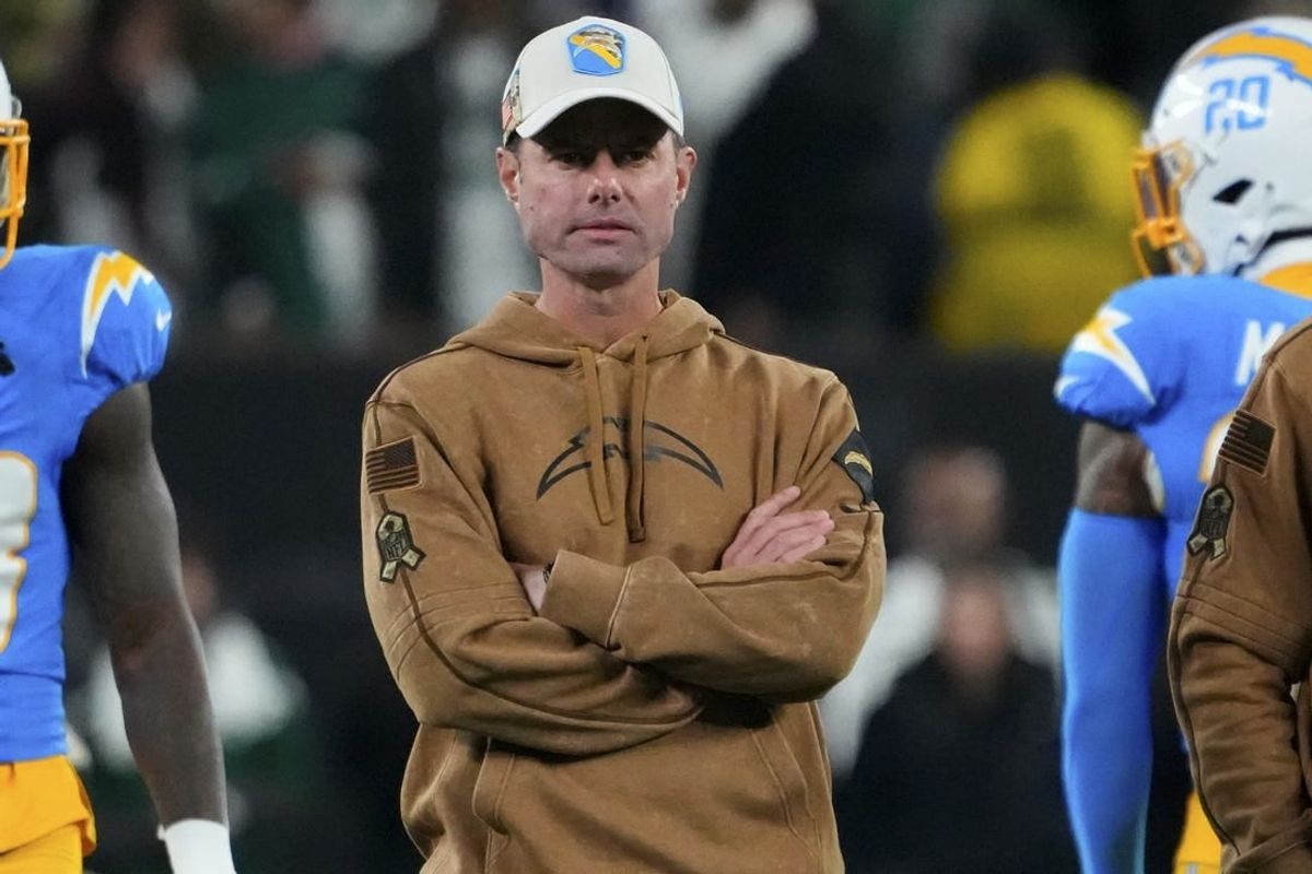 Nov 6, 2023; East Rutherford, New Jersey, USA;  Los Angeles Chargers head coach Brandon Staley looks on before a game against the New York Jets at MetLife Stadium.