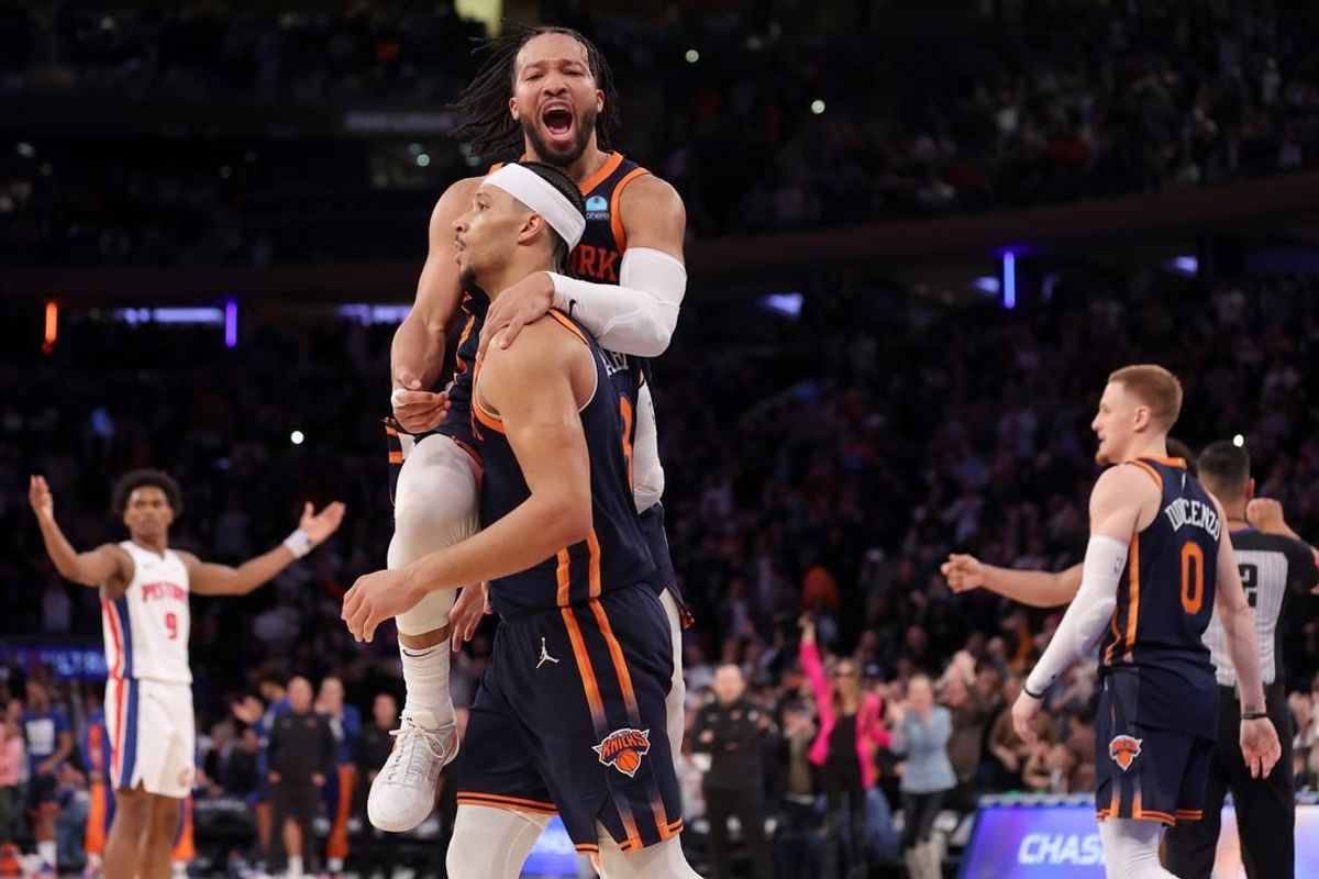 Feb 26, 2024; New York, New York, USA; New York Knicks guard Jalen Brunson (11) celebrates with guard Josh Hart (3) during the fourth quarter against the Detroit Pistons at Madison Square Garden.