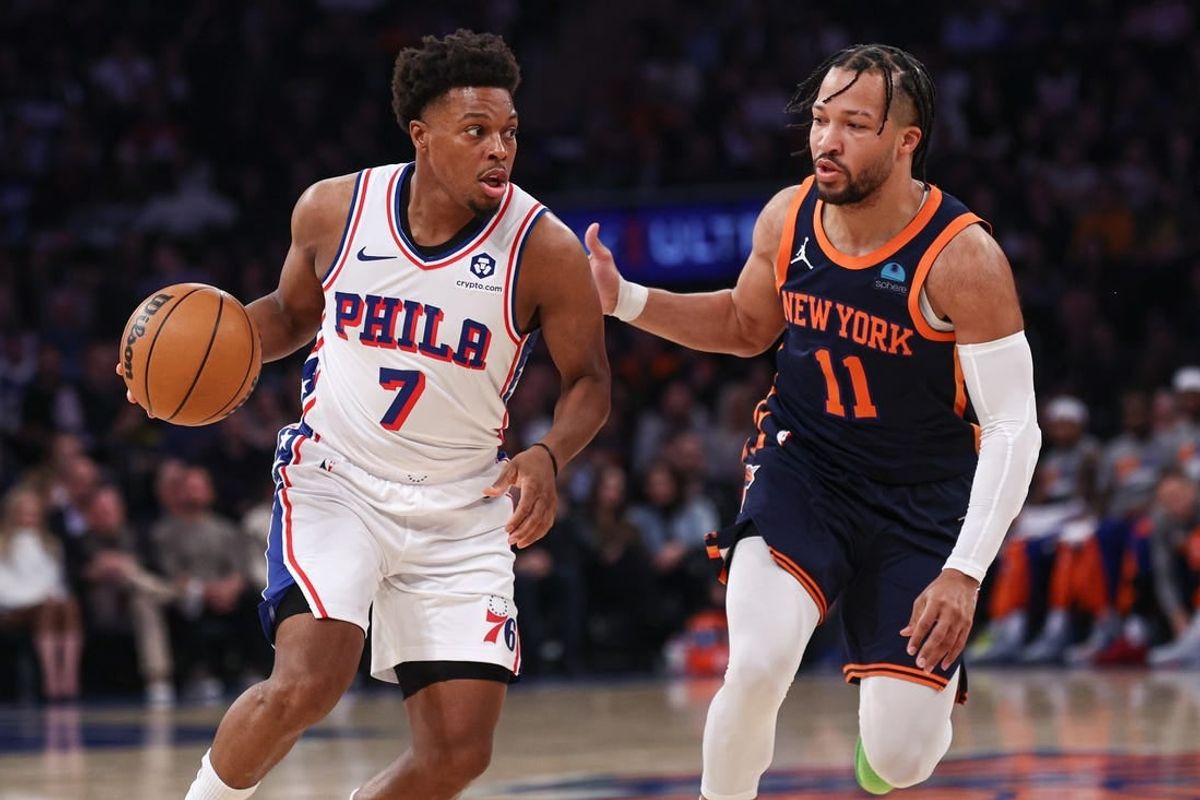 Mar 12, 2024; New York, New York, USA; Philadelphia 76ers guard Kyle Lowry (7) dribbles against New York Knicks guard Jalen Brunson (11) during the first quarter at Madison Square Garden.