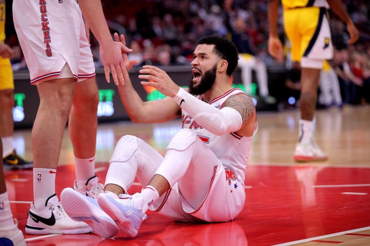 Dec 26, 2023; Houston, Texas, USA; Houston Rockets guard Fred VanVleet (5) reacts after a foul call against the Indiana Pacers during the fourth quarter at Toyota Center.