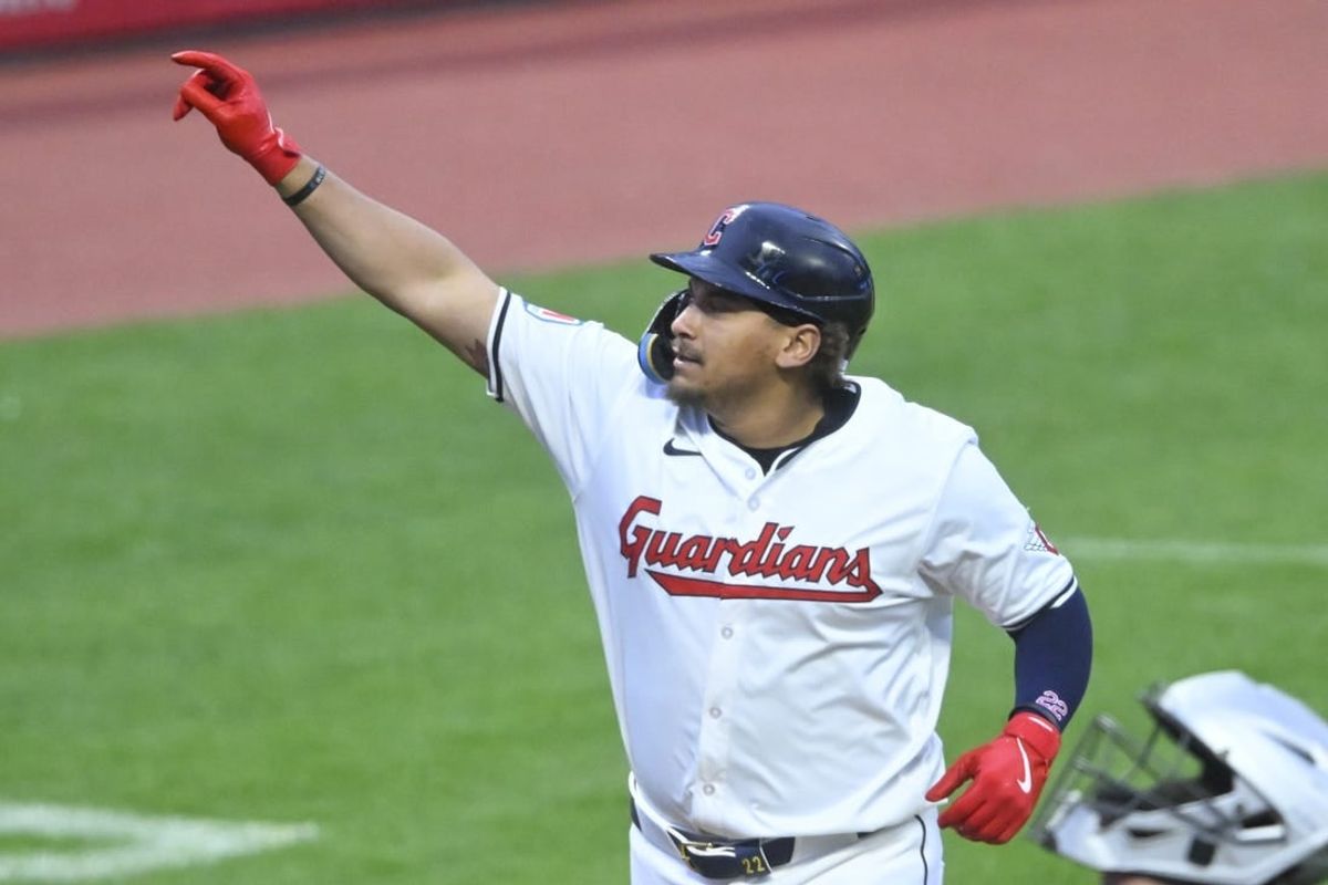 Apr 10, 2024; Cleveland, Ohio, USA; Cleveland Guardians first base Josh Naylor (22) celebrates his solo home run in the fourth inning against the Chicago White Sox at Progressive Field.