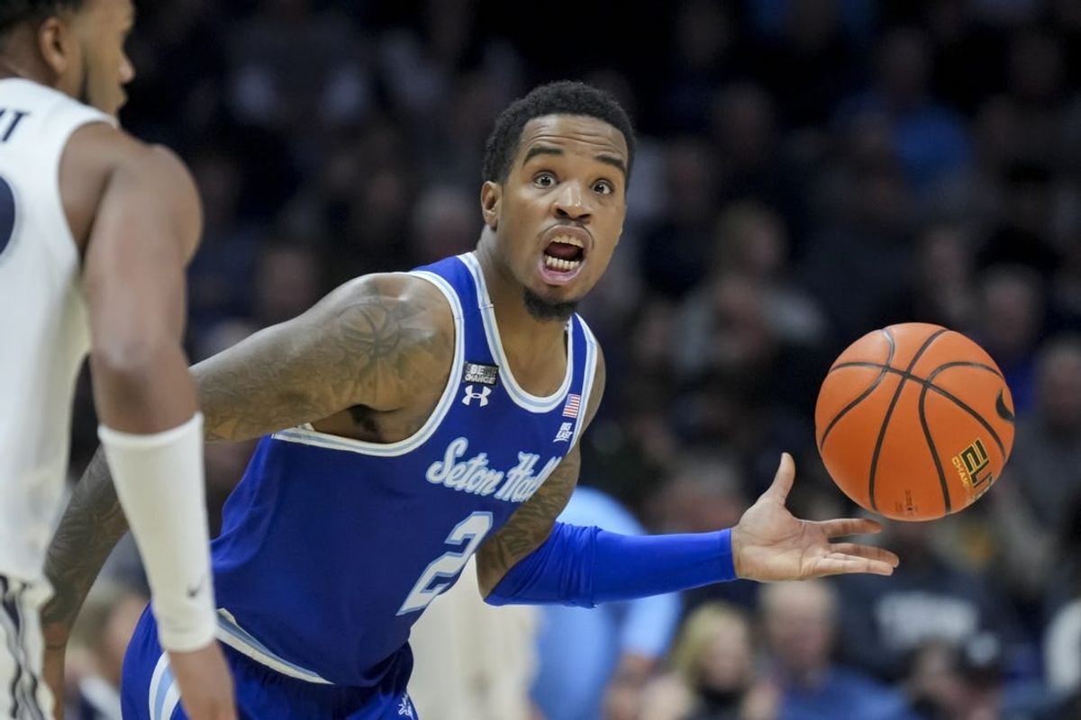 Dec 23, 2023; Cincinnati, Ohio, USA;  Seton Hall Pirates guard Al-Amir Dawes (2) reacts as he dribbles the ball against the Xavier Musketeers in the second half at the Cintas Center.