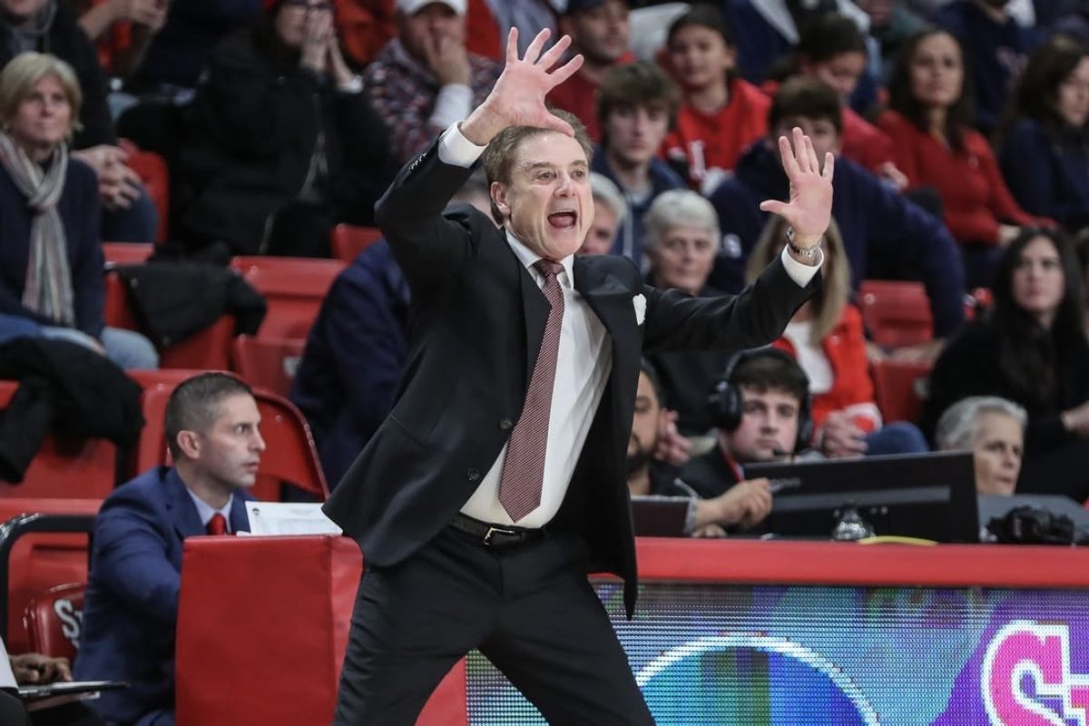 Nov 25, 2023; Queens, New York, USA; St. John's Red Storm head coach Rick Pitino yells out instructions in the first half against the Holy Cross Crusaders at Carnesecca Arena.