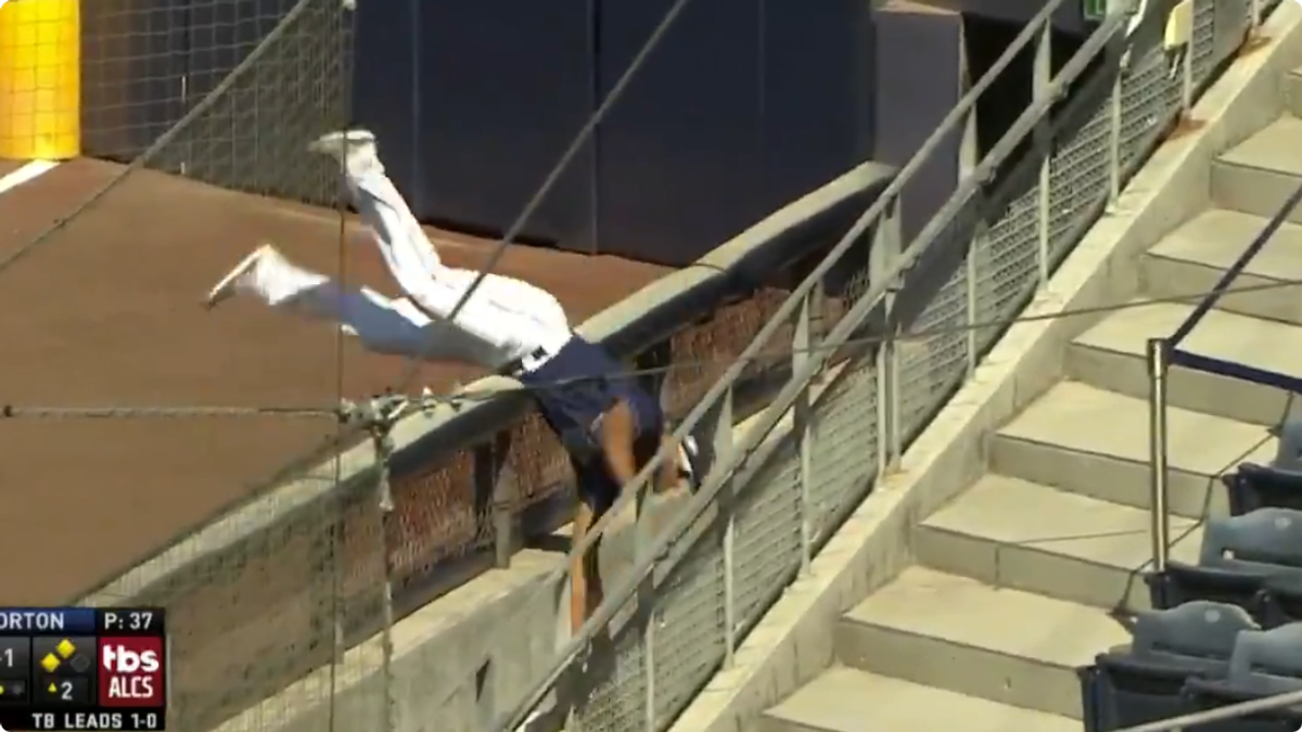 Rays rightfielder Manuel Margot  blasts three-run bomb in Game 2 of ALCS and then follows that with this acrobatic catch.