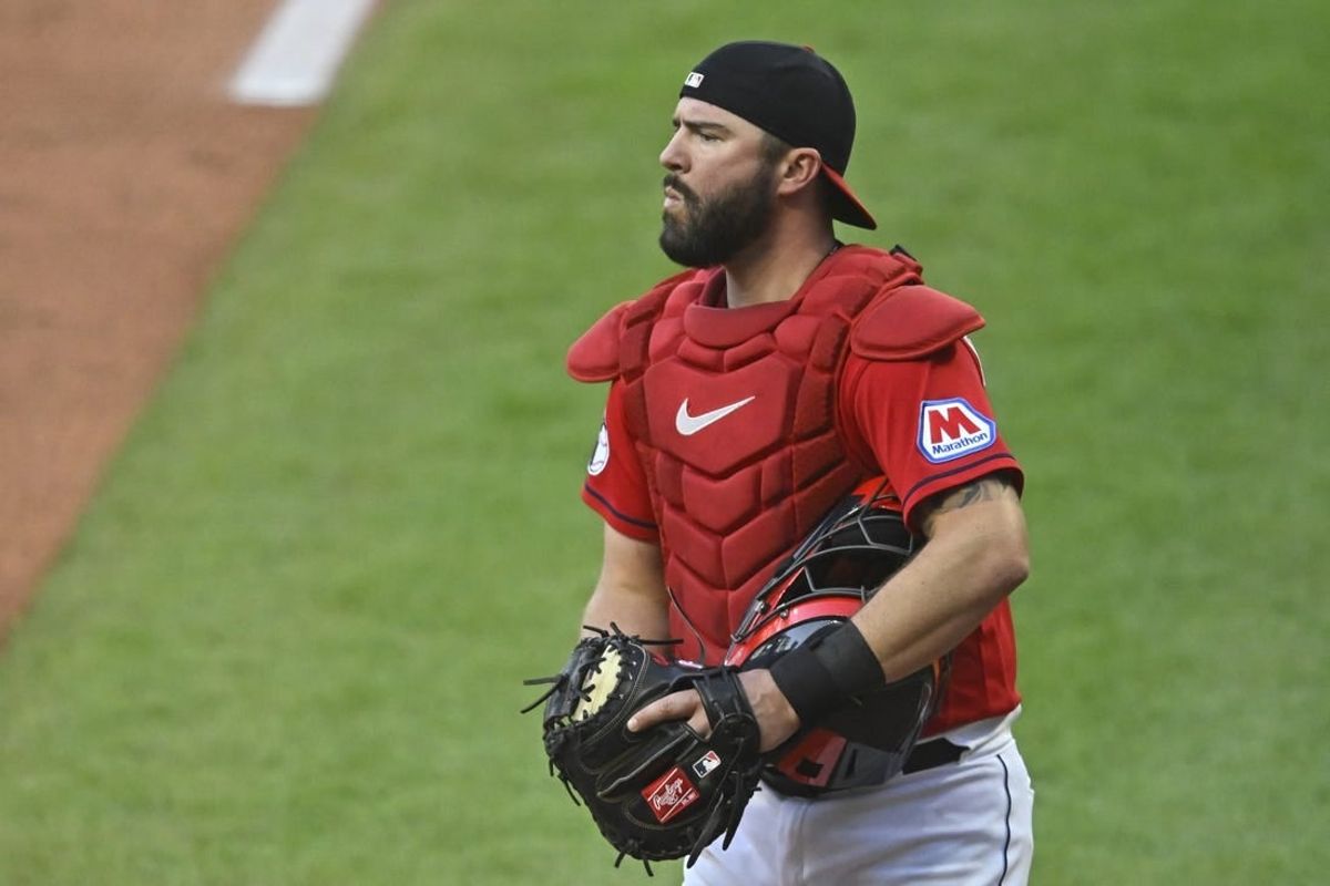 Sep 23, 2023; Cleveland, Ohio, USA; Cleveland Guardians catcher Cam Gallagher (35) stands on the field in the third inning against the Baltimore Orioles at Progressive Field.
