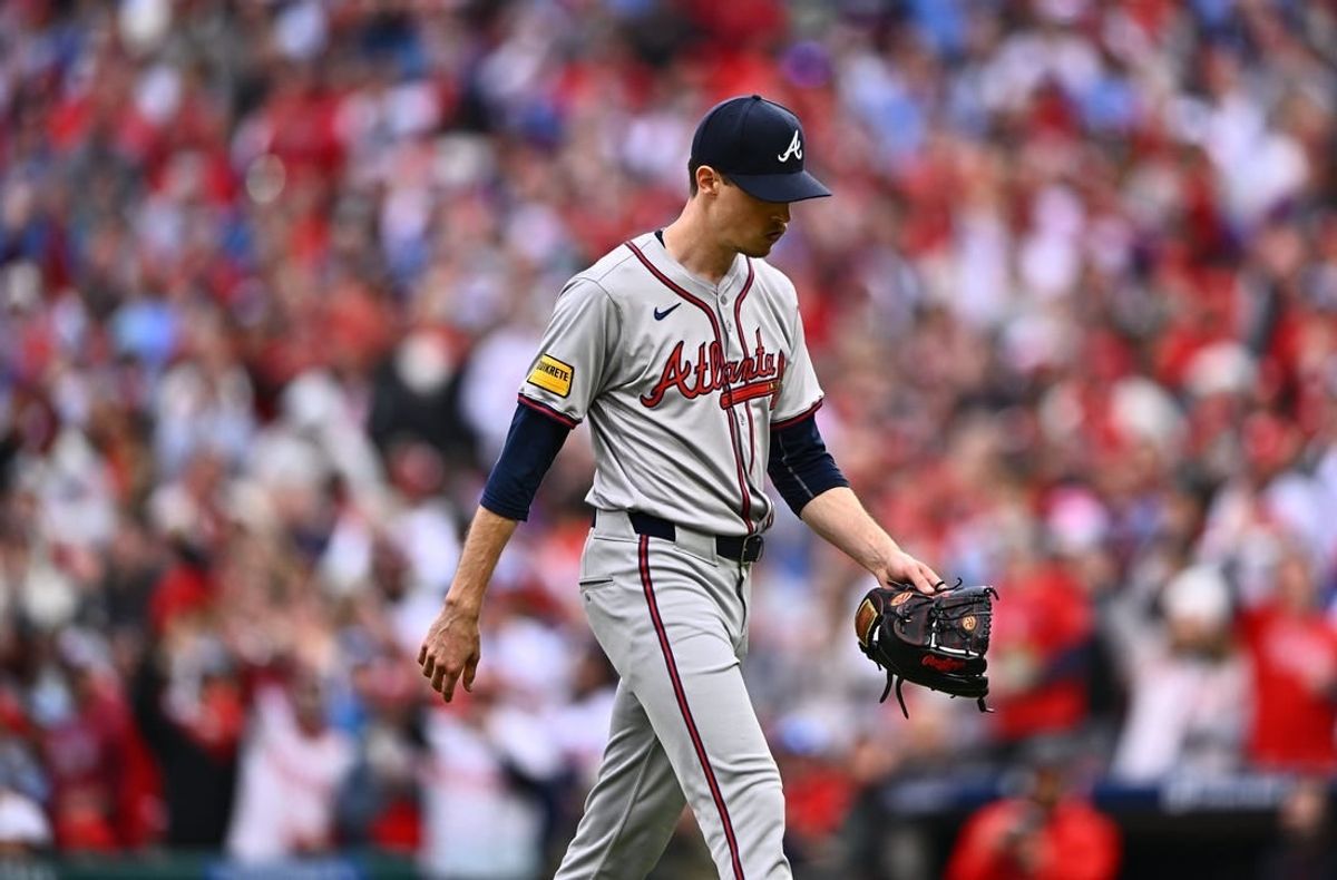 Mar 30, 2024; Philadelphia, Pennsylvania, USA; Atlanta Braves starting pitcher Max Fried (54) leaves the game against the Philadelphia Phillies in the first inning at Citizens Bank Park.