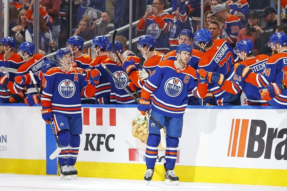 Mar 30, 2024; Edmonton, Alberta, CAN; The Edmonton Oilers celebrate a goal scored by forward Connor McDavid (97) during the second period against the Anaheim Ducks at Rogers Place.