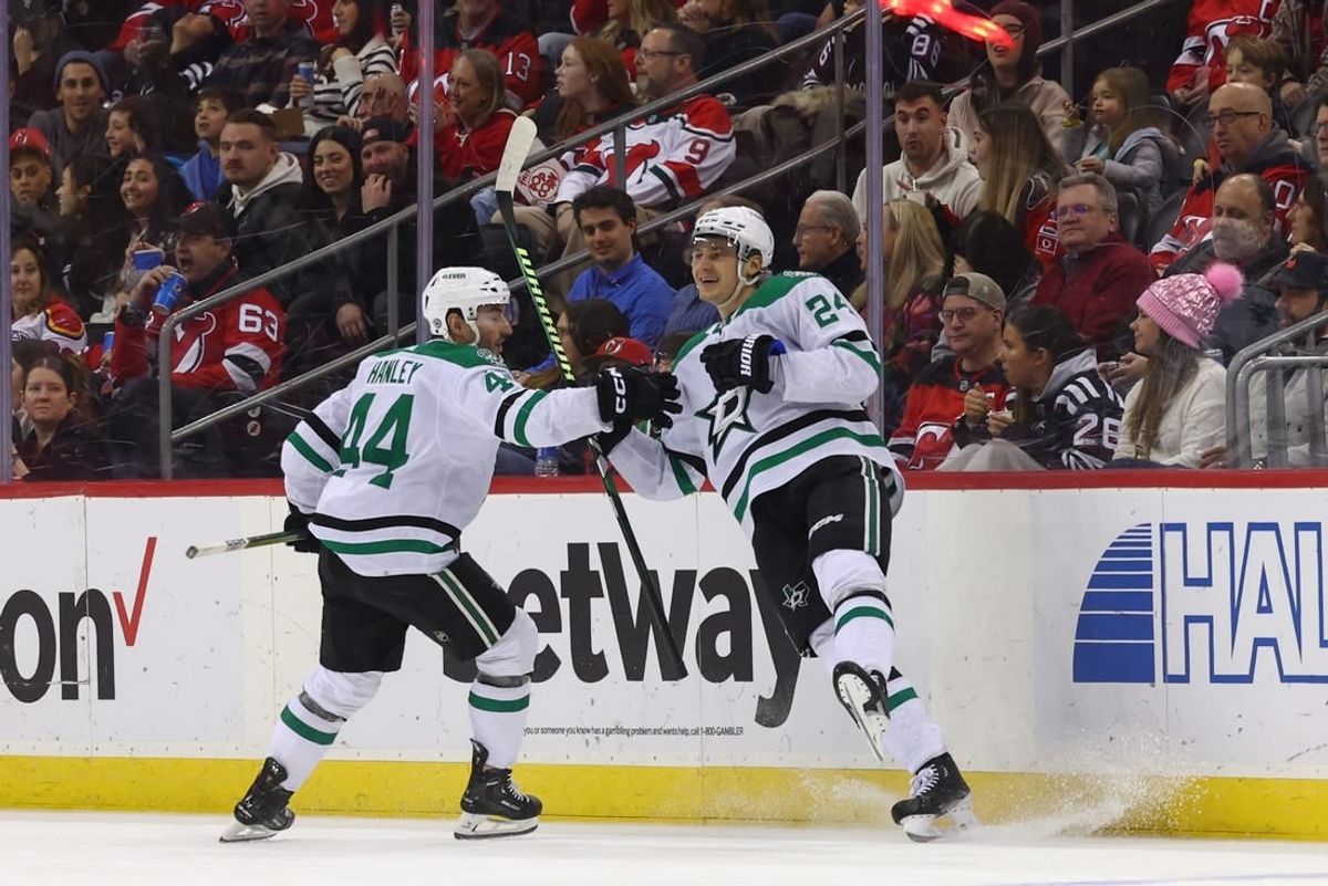 Jan 20, 2024; Newark, New Jersey, USA; Dallas Stars center Roope Hintz (24) celebrates his goal against the New Jersey Devils during the second period at Prudential Center.