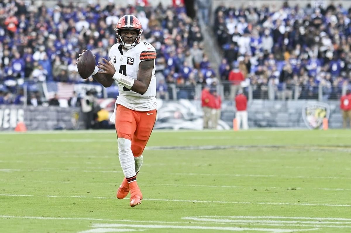 Nov 12, 2023; Baltimore, Maryland, USA;  Cleveland Browns quarterback Deshaun Watson (4) throws on the run during the second halfagainst the Baltimore Ravens at M&T Bank Stadium.