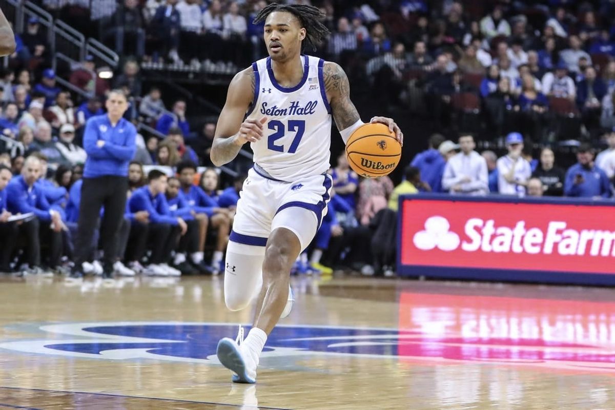 Mar 9, 2024; Newark, New Jersey, USA;  Seton Hall Pirates guard Dre Davis (27) brings the ball up court in the second half against the DePaul Blue Demons at Prudential Center.