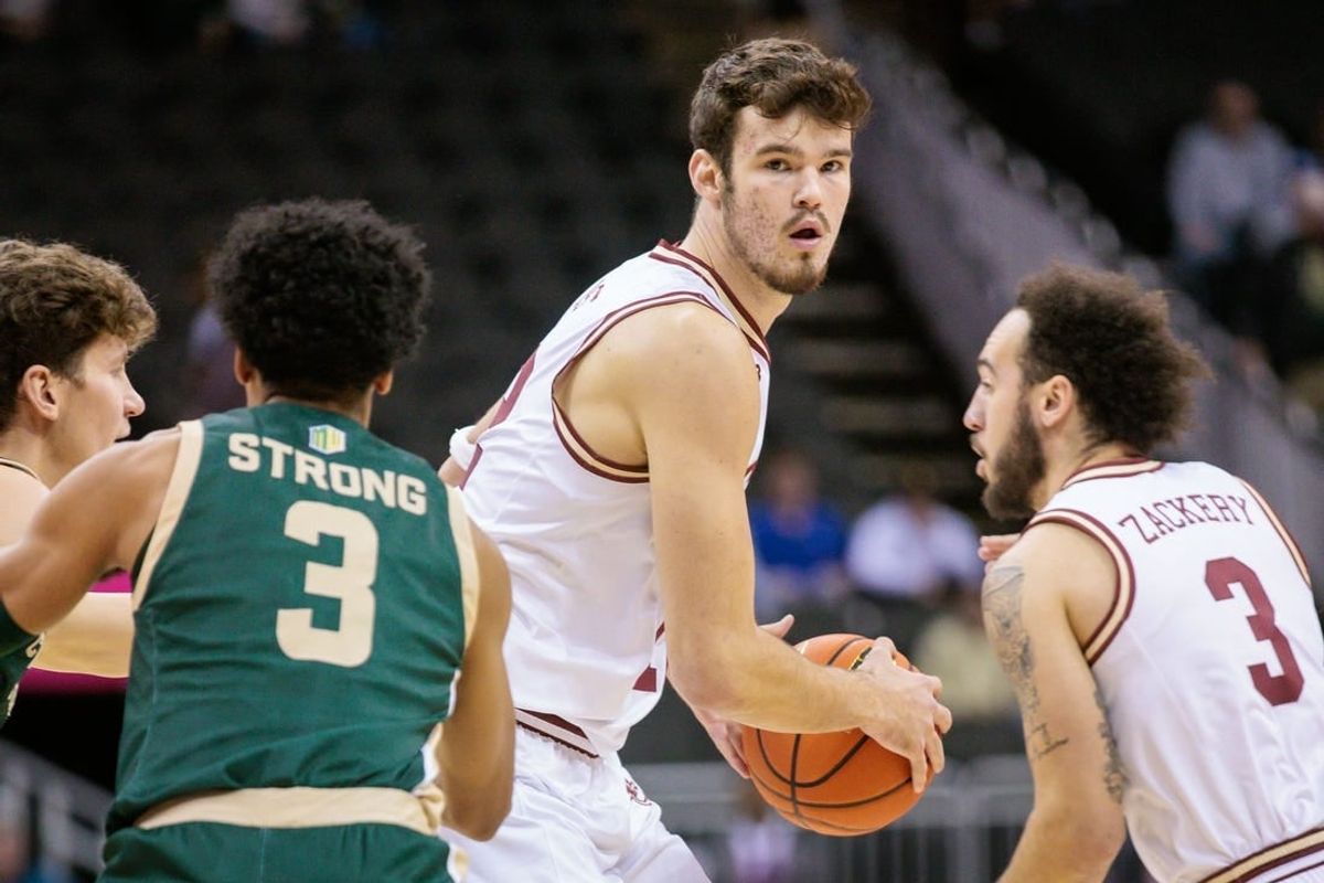 Nov 22, 2023; Kansas City, Missouri, USA; Boston College Eagles forward Quinten Post (12) looks to pass during the first half against the Colorado State Rams at T-Mobile Center.