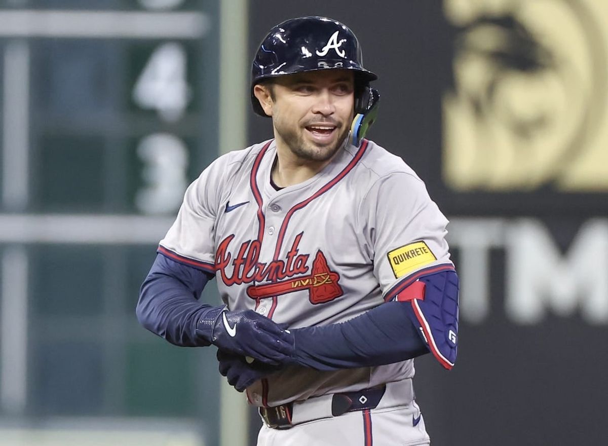 Apr 15, 2024; Houston, Texas, USA; Atlanta Braves catcher Travis d'Arnaud (16) celebrates his stand up double against the Houston Astros in the second inning at Minute Maid Park. All players wore #42 in honor of Jackie Robinson Day.