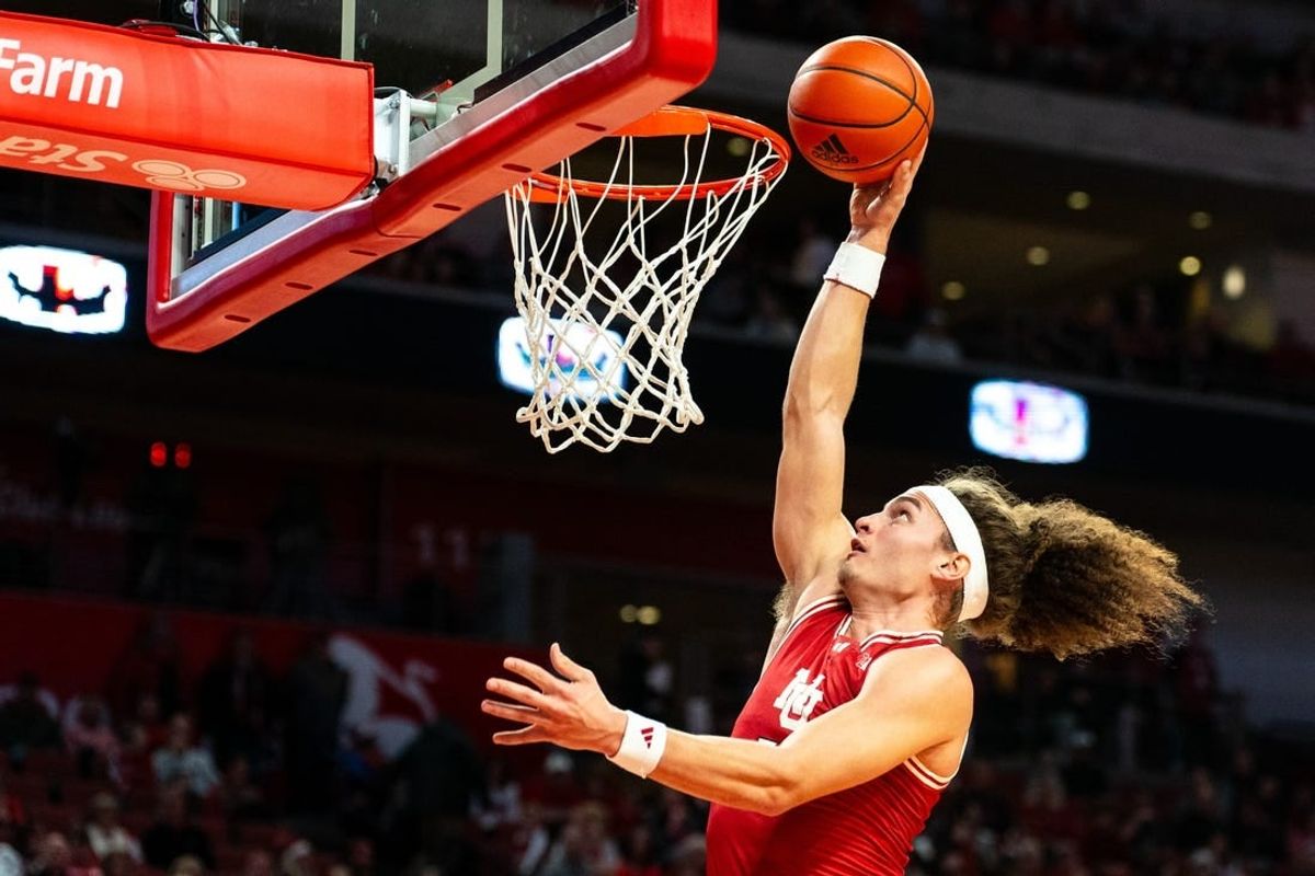 Jan 20, 2024; Lincoln, Nebraska, USA; Nebraska Cornhuskers forward Josiah Allick (53) shoots the ball against the Northwestern Wildcats during the first half at Pinnacle Bank Arena.