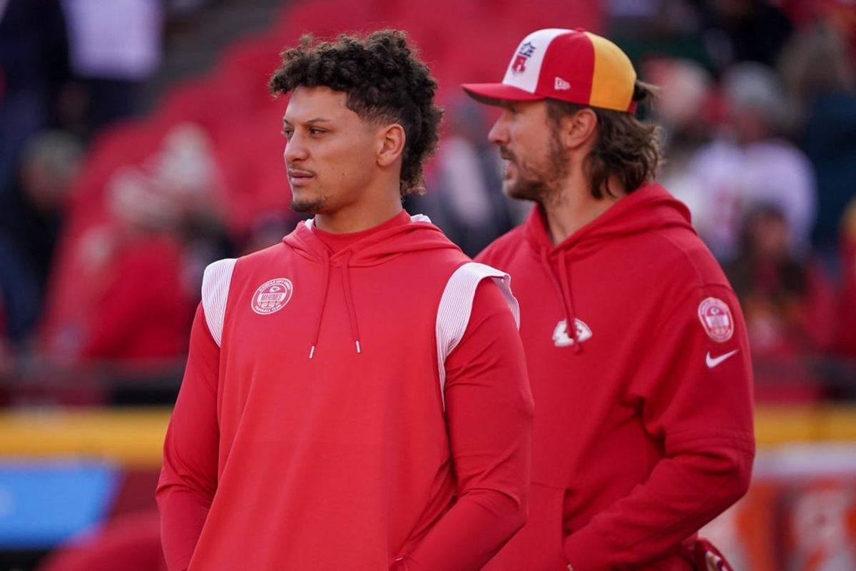 Dec 10, 2023; Kansas City, Missouri, USA; Kansas City Chiefs quarterback Patrick Mahomes (15) and quarterback Blaine Gabbert (9) on field against the Buffalo Bills prior to a game at GEHA Field at Arrowhead Stadium.