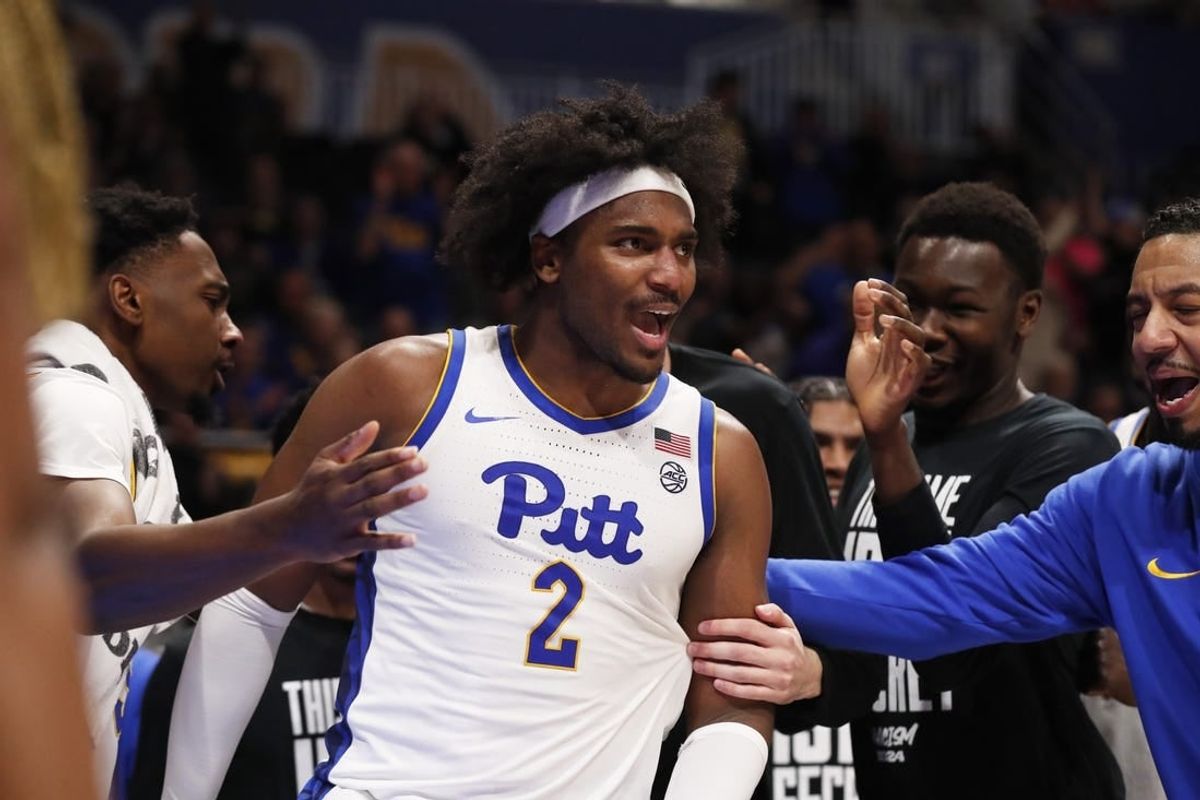 Jan 31, 2024; Pittsburgh, Pennsylvania, USA; Pittsburgh Panthers forward Blake Hinson (2) reacts with the PITT bench against the Wake Forest Demon Deacons during the second half at the Petersen Events Center. Pittsburgh won 77-72.
