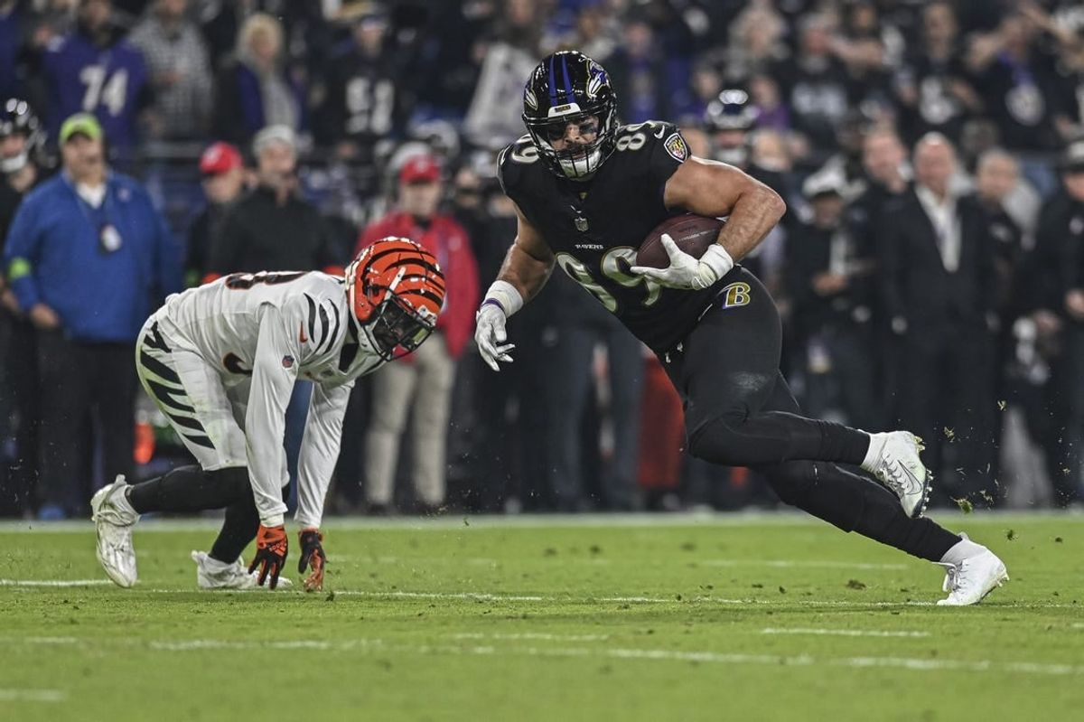 Nov 16, 2023; Baltimore, Maryland, USA; Baltimore Ravens tight end Mark Andrews (89) runs after a first half catch against the Cincinnati Bengals  at M&T Bank Stadium.