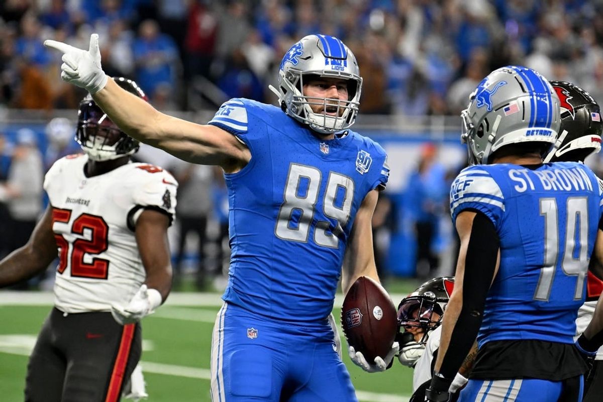 Jan 21, 2024; Detroit, Michigan, USA; Detroit Lions tight end Brock Wright (89) reacts after a play against the Tampa Bay Buccaneers during the second half in a 2024 NFC divisional round game at Ford Field.