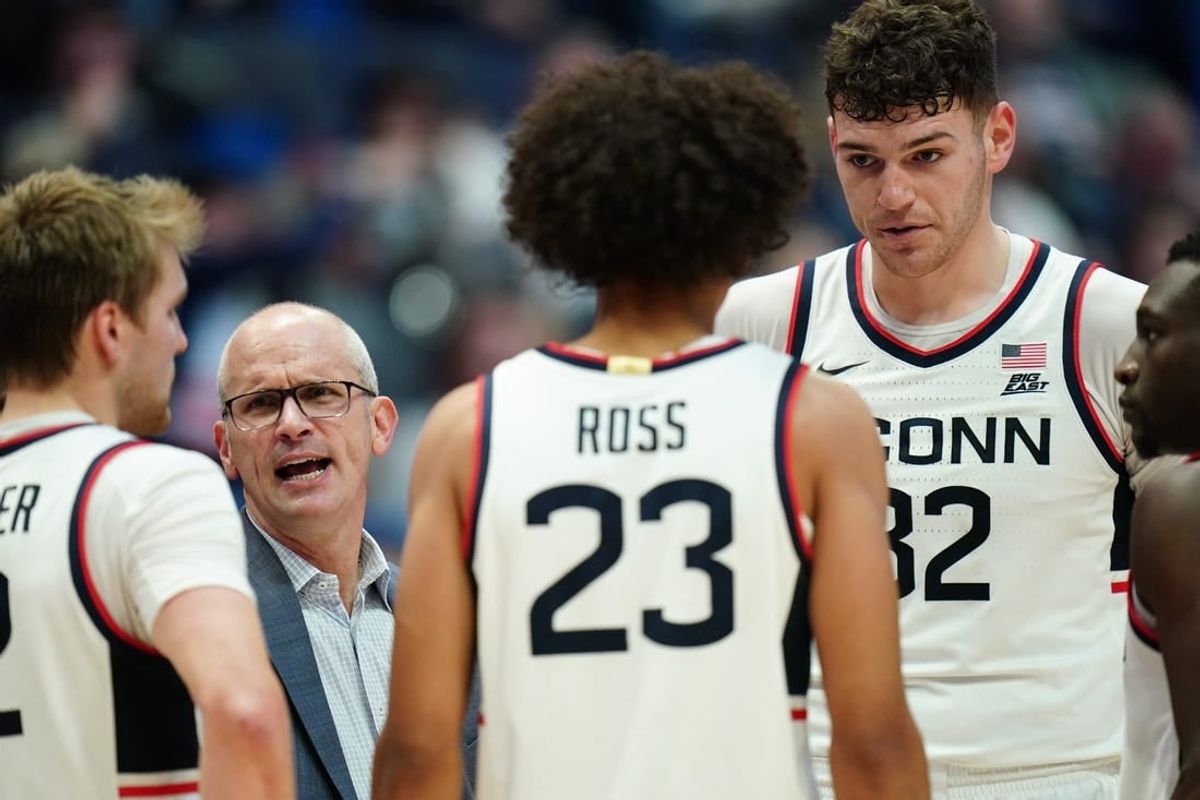 Nov 11, 2023; Hartford, Connecticut, USA; UConn Huskies head coach Dan Hurley talks to his players from the sideline as they take on the Stonehill Skyhawks at XL Center.