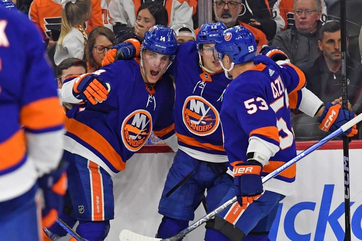 Apr 1, 2024; Philadelphia, Pennsylvania, USA; New York Islanders center Bo Horvat (14) celebrates his goal with teammates against the Philadelphia Flyers during the first period at Wells Fargo Center.