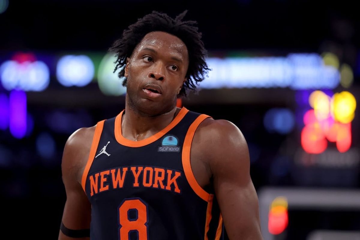 Jan 25, 2024; New York, New York, USA; New York Knicks forward OG Anunoby (8) during the third quarter against the Denver Nuggets at Madison Square Garden.
