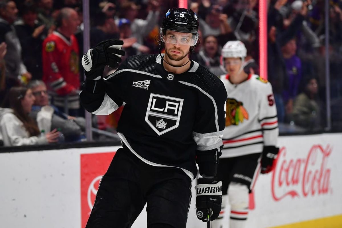 Apr 18, 2024; Los Angeles, California, USA; Los Angeles Kings right wing Adrian Kempe (9) celebrates his goal scored against the Chicago Blackhawks in the overtime period at Crypto.com Arena.
