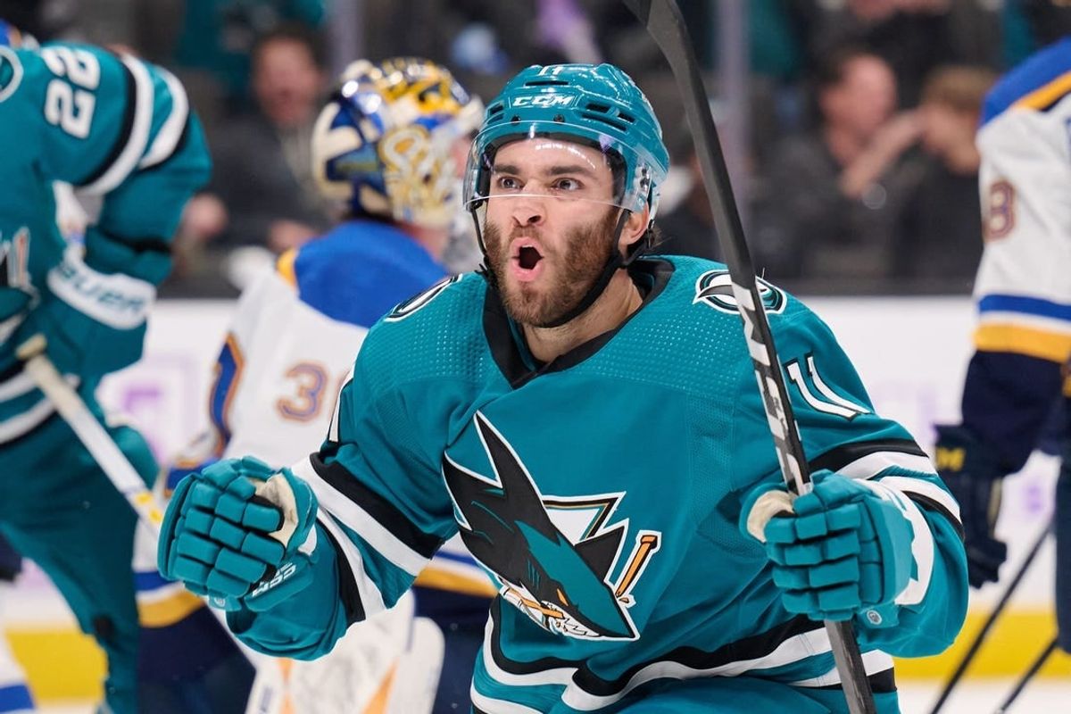 Nov 16, 2023; San Jose, California, USA; San Jose Sharks center Luke Kunin (11) reacts after scoring a goal against the St. Louis Blues during the second period at SAP Center at San Jose.