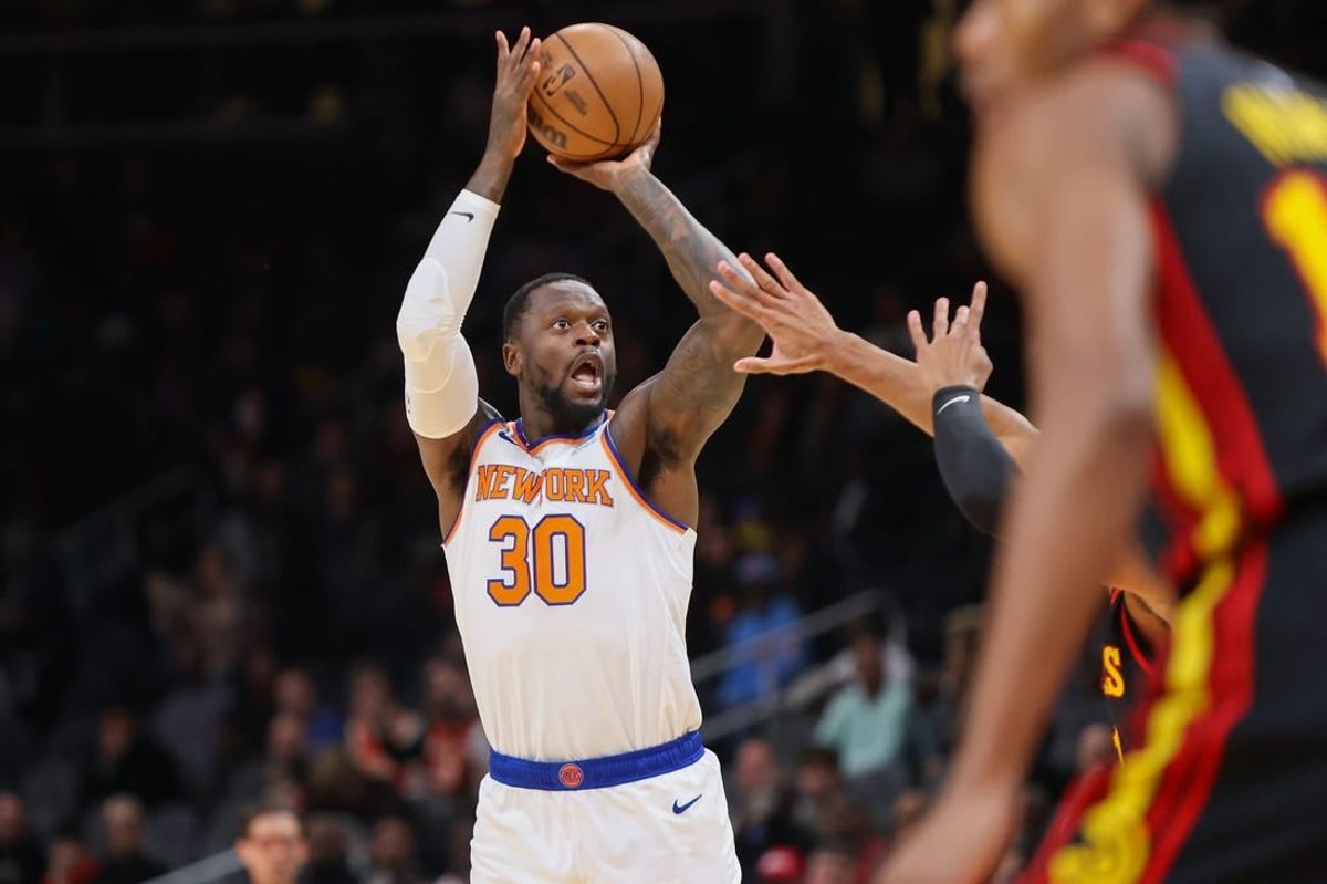 Nov 15, 2023; Atlanta, Georgia, USA; New York Knicks forward Julius Randle (30) shoots against the Atlanta Hawks in the first quarter at State Farm Arena.