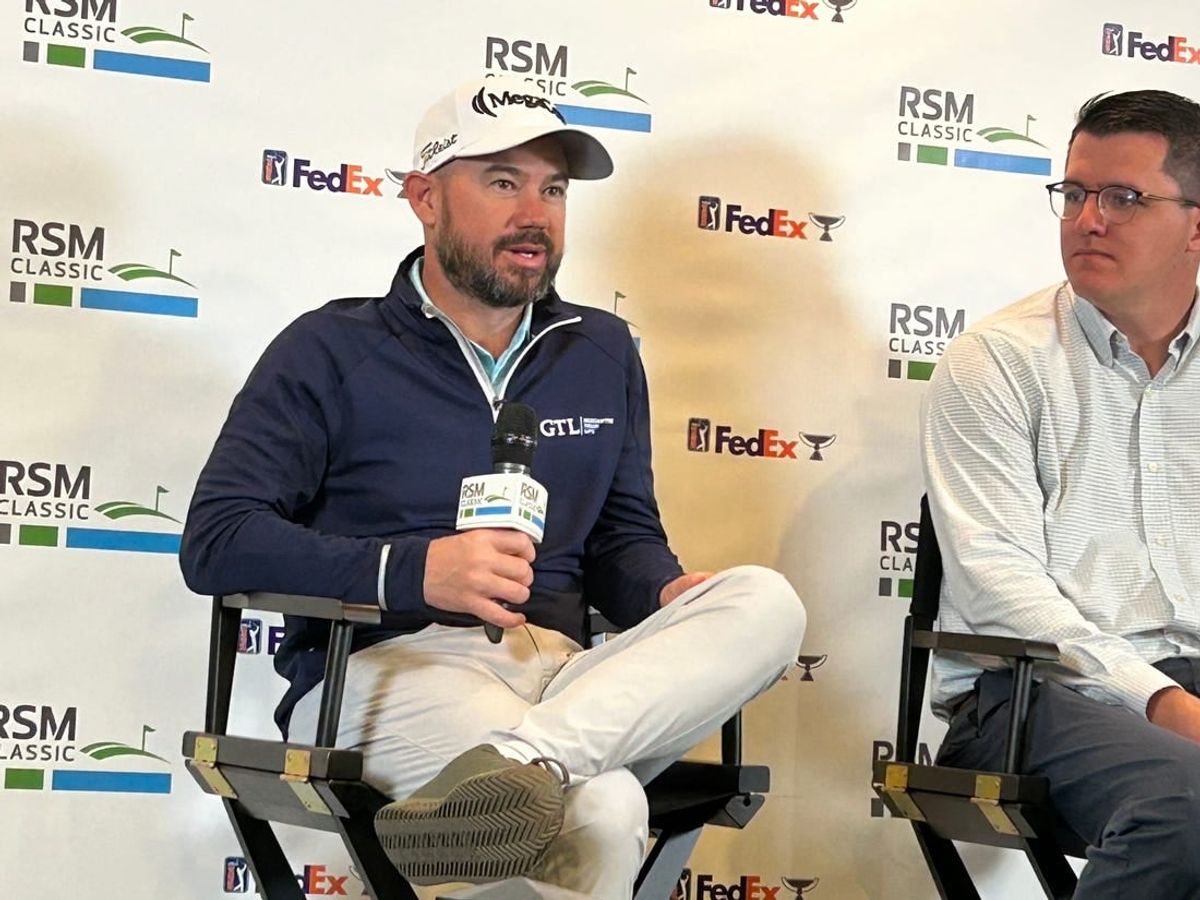 British Open champion Brian Harman (left) ponders a question during a news conference on Tuesday at the Sea Island Club on St. Simons Island, Ga., the site of this week's RSM Classic.