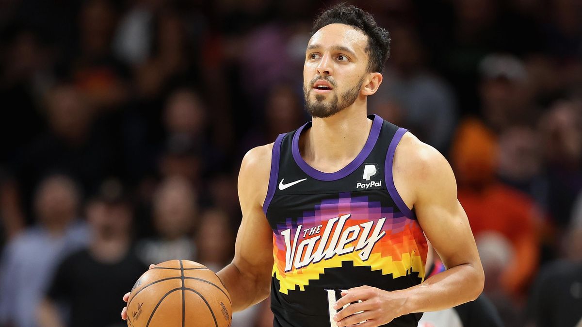 The Suns’ Landry Shamet handles the ball during the second half of Game Five of the Western Conference Second Round NBA Playoffs at Footprint Center on May 10, 2022 in Phoenix, Arizona.