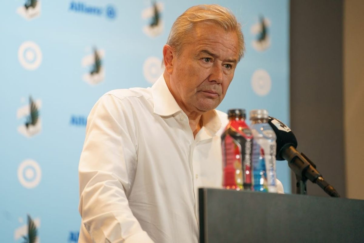 Sep 16, 2023; Saint Paul, Minnesota, USA; Minnesota United head coach Adrian Heath speaks to media following a loss to Sporting Kansas City at Allianz Field.