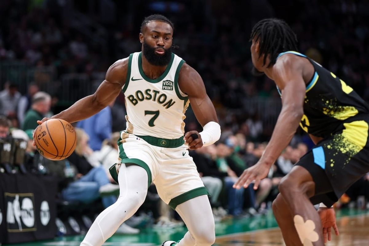 Jan 30, 2024; Boston, Massachusetts, USA; Boston Celtics forward Jaylen Brown (7) drives to the basket during the second half against the Indiana Pacers at TD Garden.