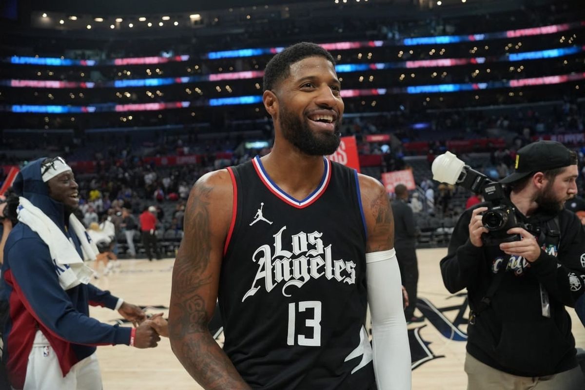 Dec 6, 2023; Los Angeles, California, USA; LA Clippers forward Paul George (13) reacts after the game against the Denver Nuggets at Crypto.com Arena.