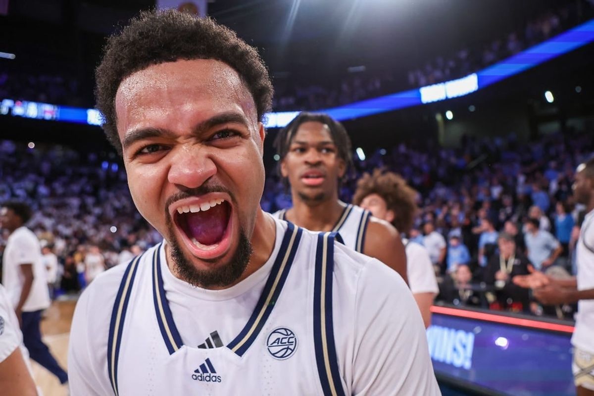 Jan 30, 2024; Atlanta, Georgia, USA; Georgia Tech Yellow Jackets guard Kyle Sturdivant (1) celebrates after a victory against the North Carolina Tar Heels at McCamish Pavilion.