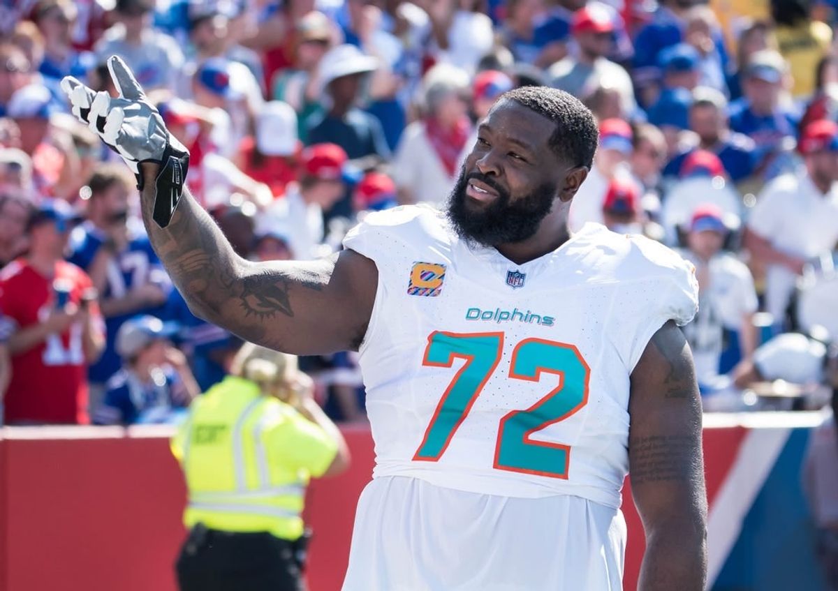 Oct 1, 2023; Orchard Park, New York, USA; Miami Dolphins offensive tackle Terron Armstead (72) reacts to the crowd before a game against the Buffalo Bills at Highmark Stadium.
