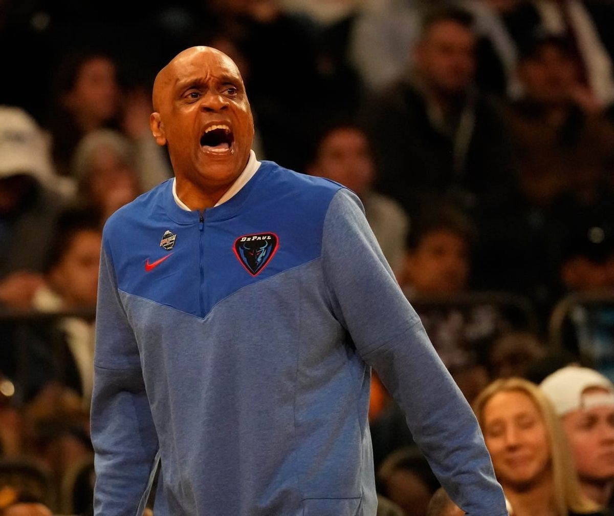 Mar 8, 2023; New York, NY, USA;  DePaul Blue Demons head coach Tony Stubblefield coaches his team during the first half of play against Seton Hall at Madison Square Garden.