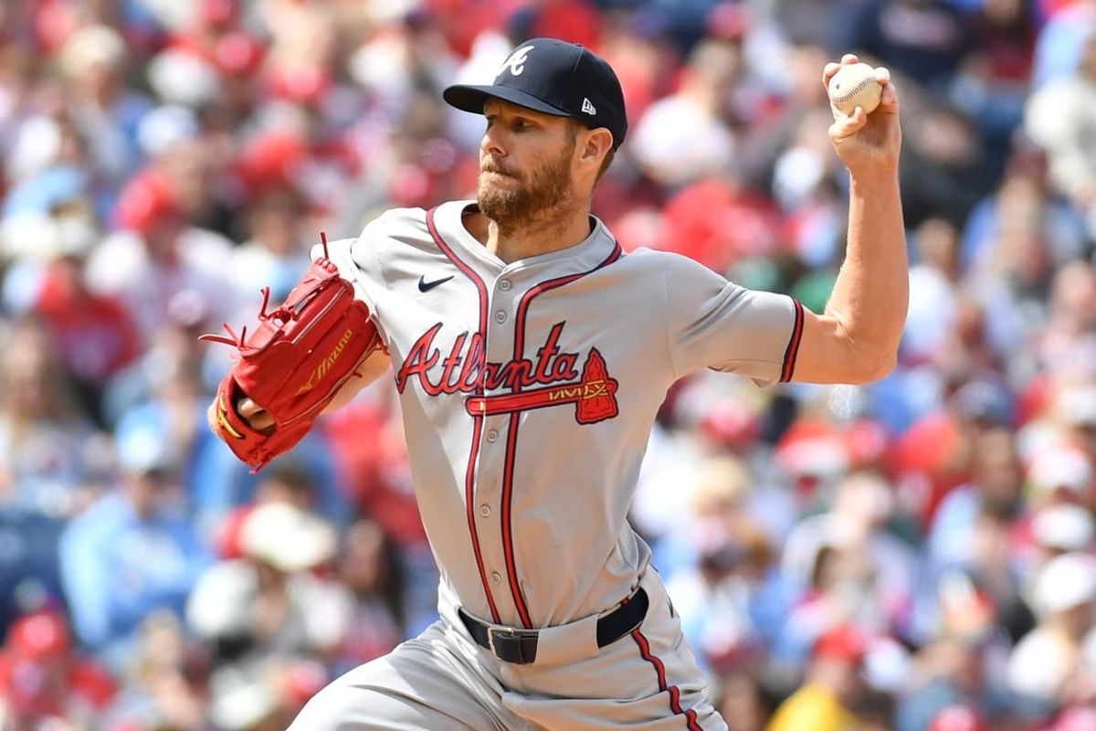 Mar 31, 2024; Philadelphia, Pennsylvania, USA; Atlanta Braves starting pitcher Chris Sale (51) throws a pitch during the first inning against the Philadelphia Phillies at Citizens Bank Park.