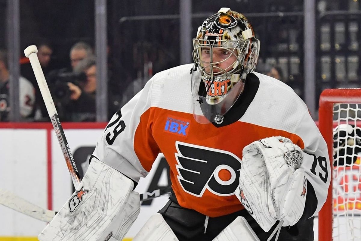 Jan 8, 2024; Philadelphia, Pennsylvania, USA; Philadelphia Flyers goaltender Carter Hart (79) against the Pittsburgh Penguins at Wells Fargo Center.
