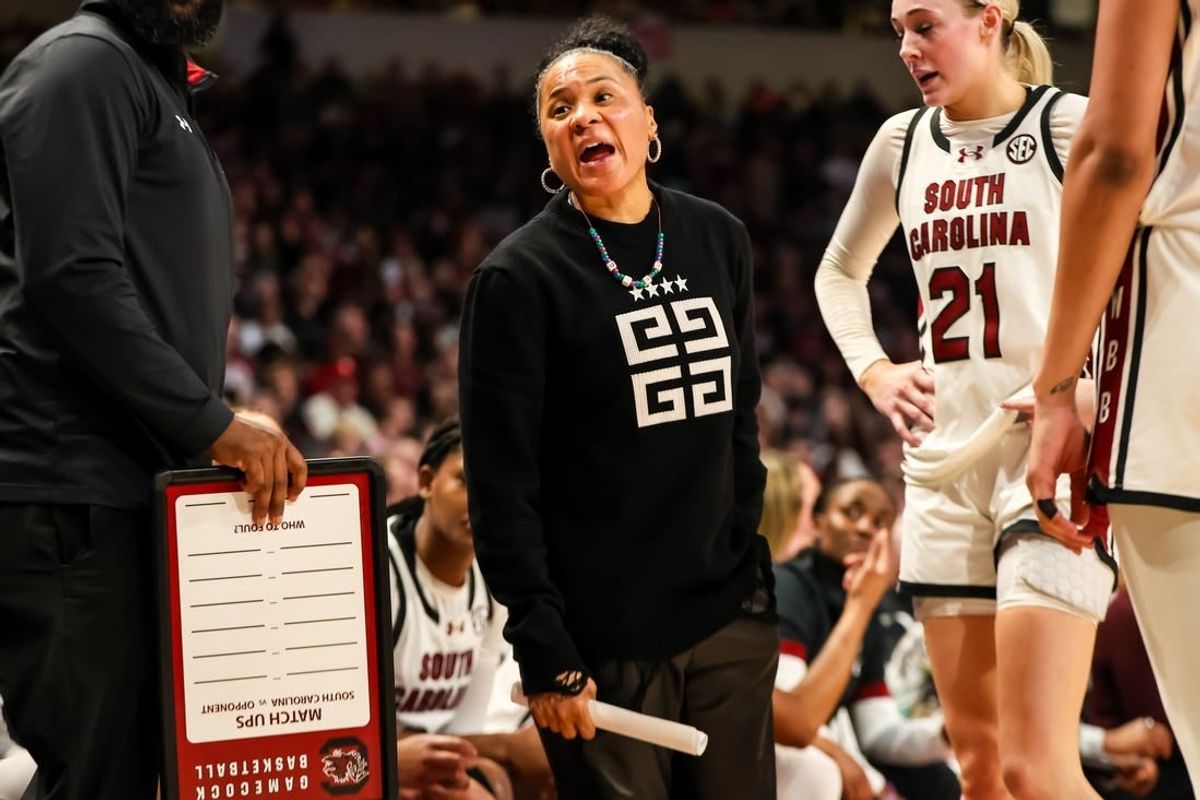 Feb 18, 2024; Columbia, South Carolina, USA; South Carolina Gamecocks head coach Dawn Staley directs her team against the Georgia Lady Bulldogs in the second half at Colonial Life Arena.