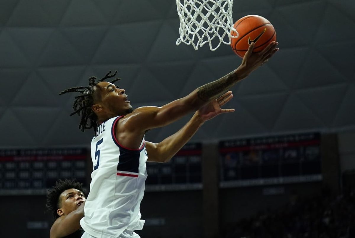 Dec 9, 2023; Storrs, Connecticut, USA; UConn Huskies guard Stephon Castle (5) drives to the basket against the Arkansas-Pine Bluff Golden Lions in the first half at Harry A. Gampel Pavilion.