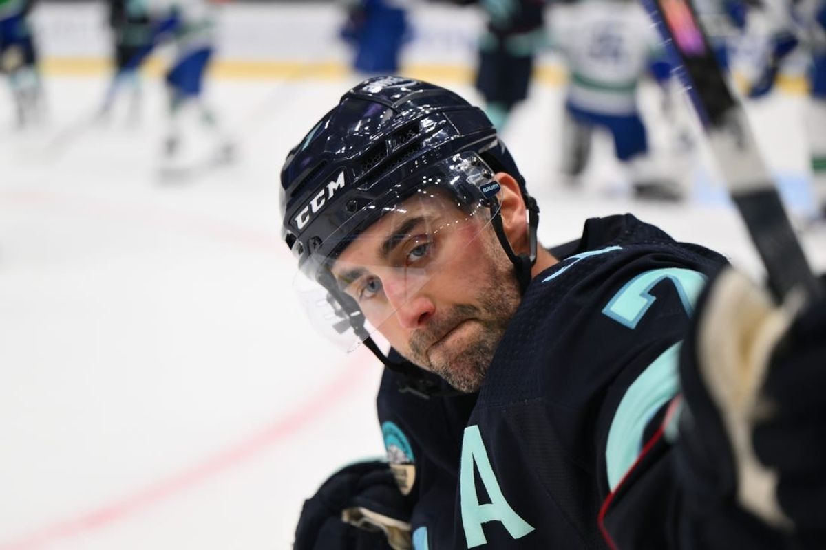 Feb 22, 2024; Seattle, Washington, USA; Seattle Kraken right wing Jordan Eberle (7) celebrates scoring a goal against the Vancouver Canucks during the second period at Climate Pledge Arena.