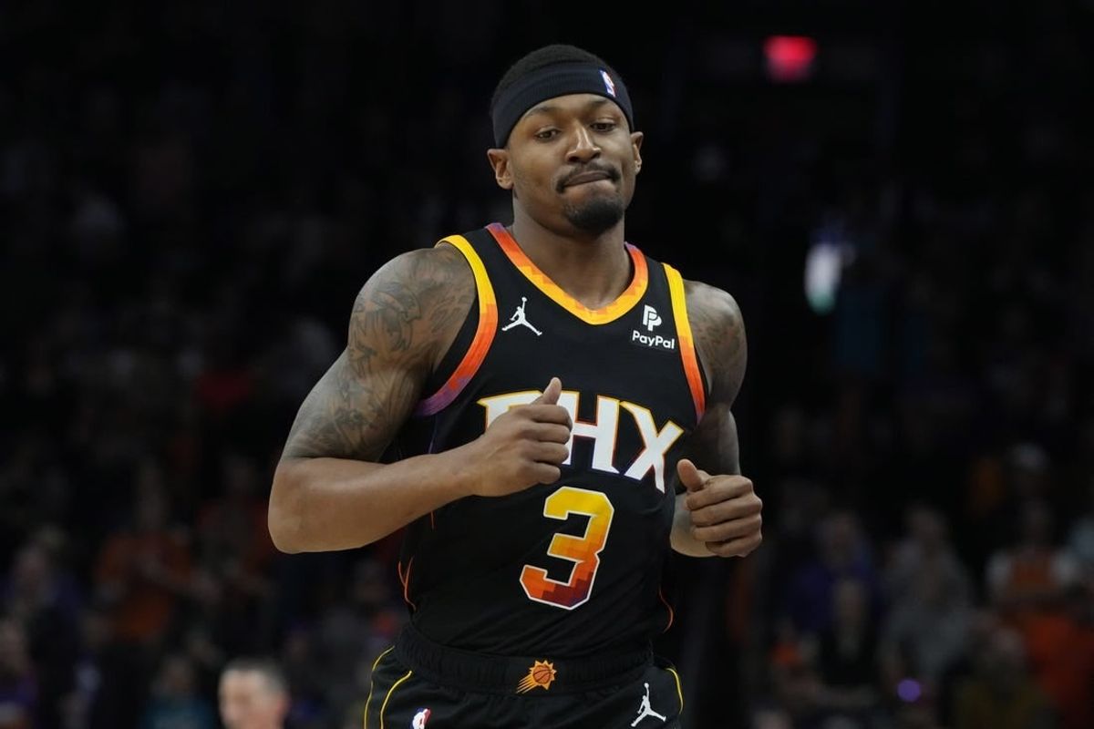 Dec 15, 2023; Phoenix, Arizona, USA; Phoenix Suns guard Bradley Beal (3) reacts after scoring against the New York Knicks in the first half at Footprint Center.