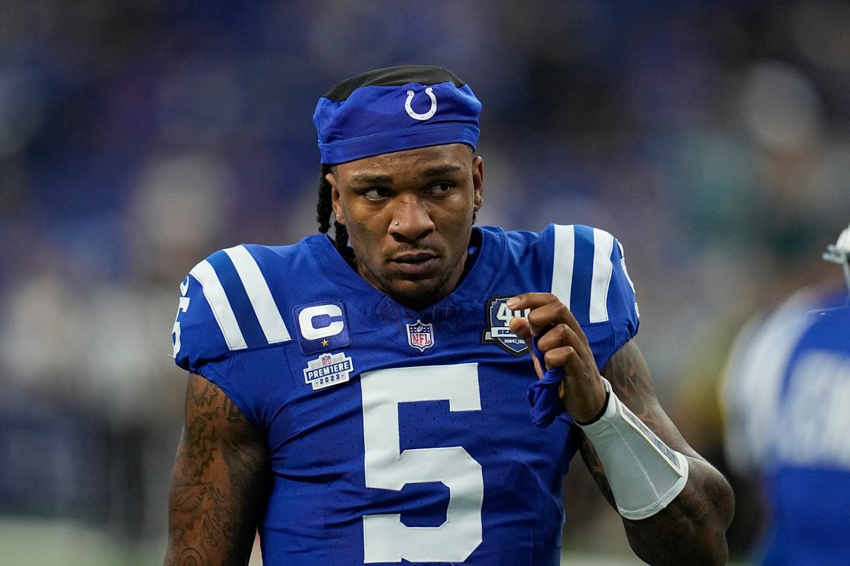 Indianapolis Colts quarterback Anthony Richardson looks on before of an NFL football game against the Jacksonville Jaguars, Sunday, Sept. 10, 2023, in Indianapolis.