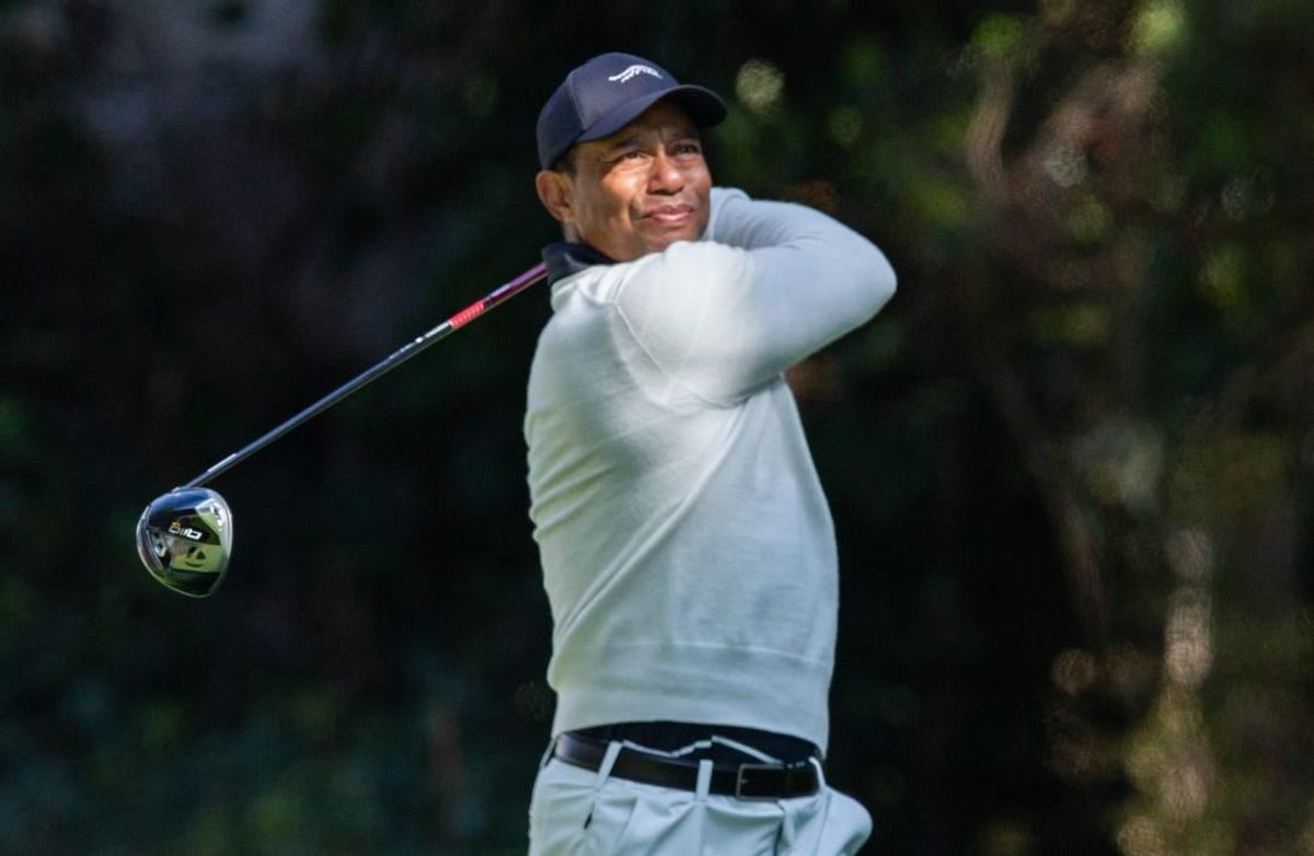Feb 15, 2024; Pacific Palisades, California, USA; Tiger Woods on the twelfth hole during the first round of The Genesis Invitational golf tournament.