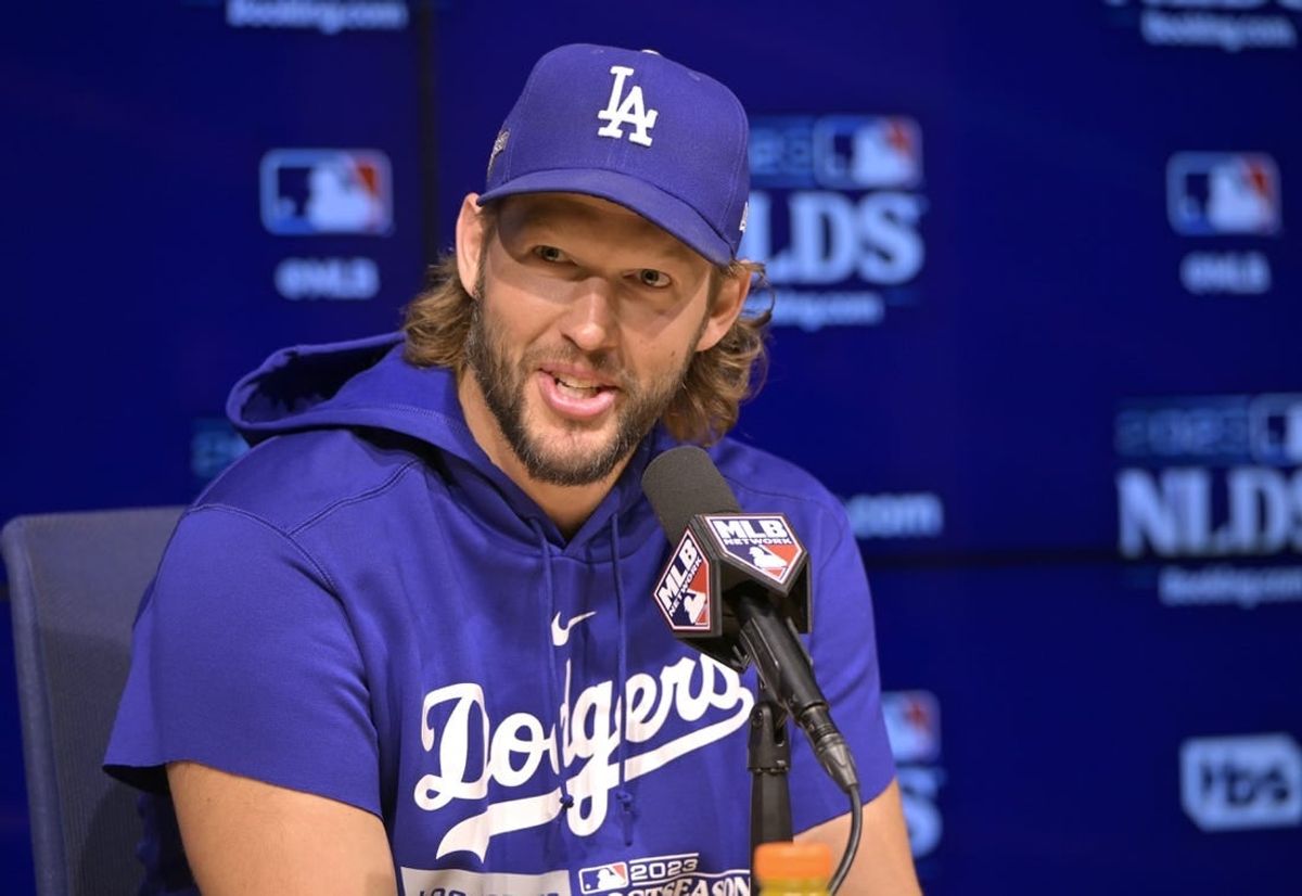 Oct 6, 2023; Los Angeles, CA, USA;  Los Angeles Dodgers starting pitcher Clayton Kershaw (22) speaks during a news conference at the NLDS workouts at Dodgers Stadium.
