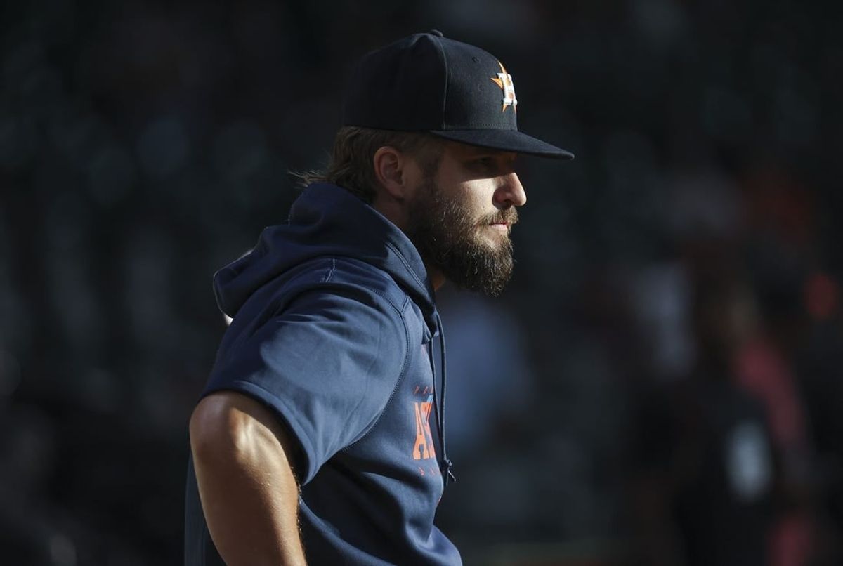 Aug 1, 2023; Houston, Texas, USA; Houston Astros relief pitcher Kendall Graveman (31) stands on the field before the game against the Cleveland Guardians at Minute Maid Park.