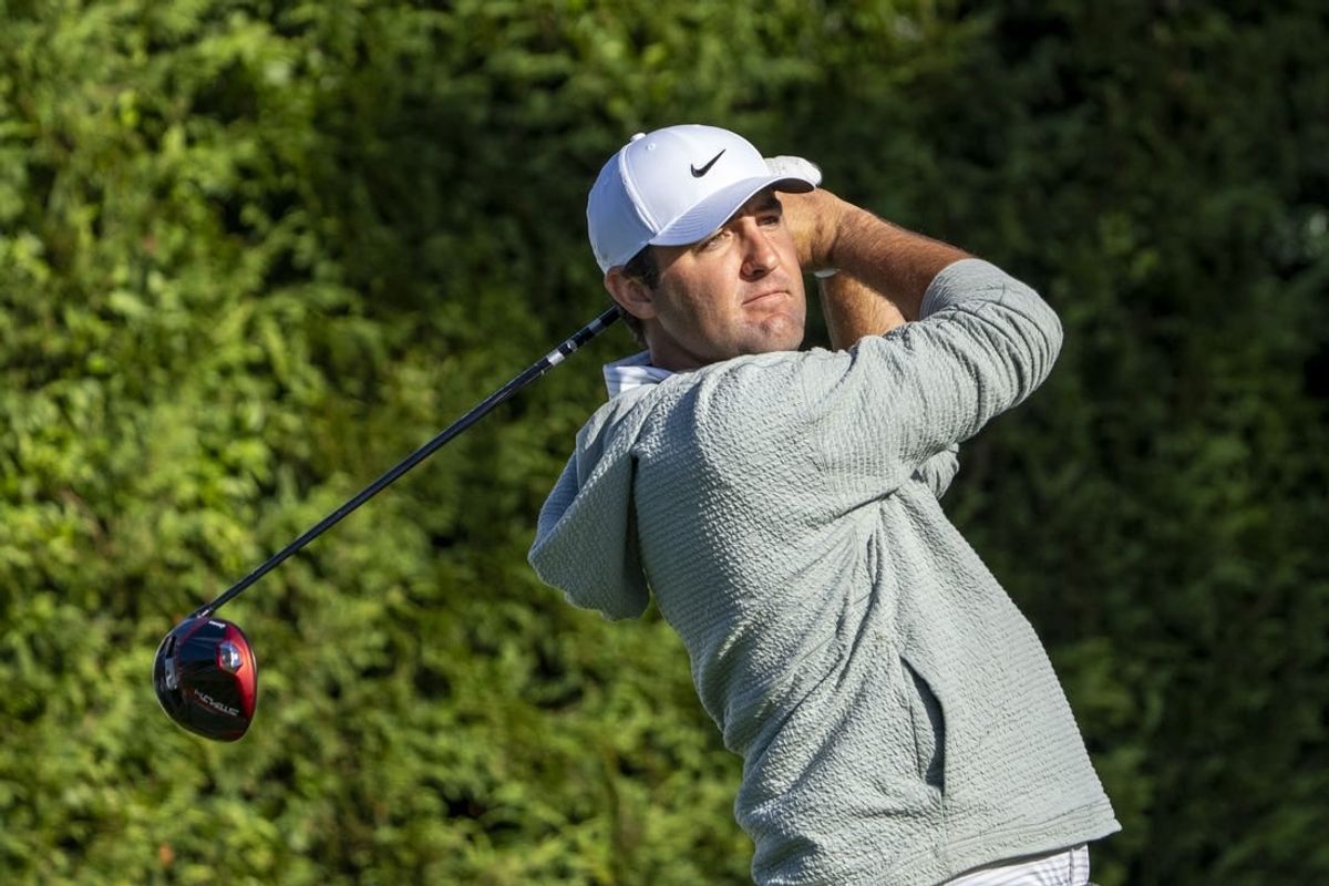 February 2, 2024; Pebble Beach, California, USA; Scottie Scheffler  hits his tee shot on the 16th hole during the second round of the AT&T Pebble Beach Pro-Am golf tournament at Pebble Beach Golf Links.